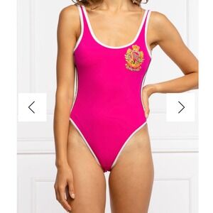 Guess 40th Anniversary Hot Pink‎ One Piece Swimsuit Crest Logo Cheeky Sz M
